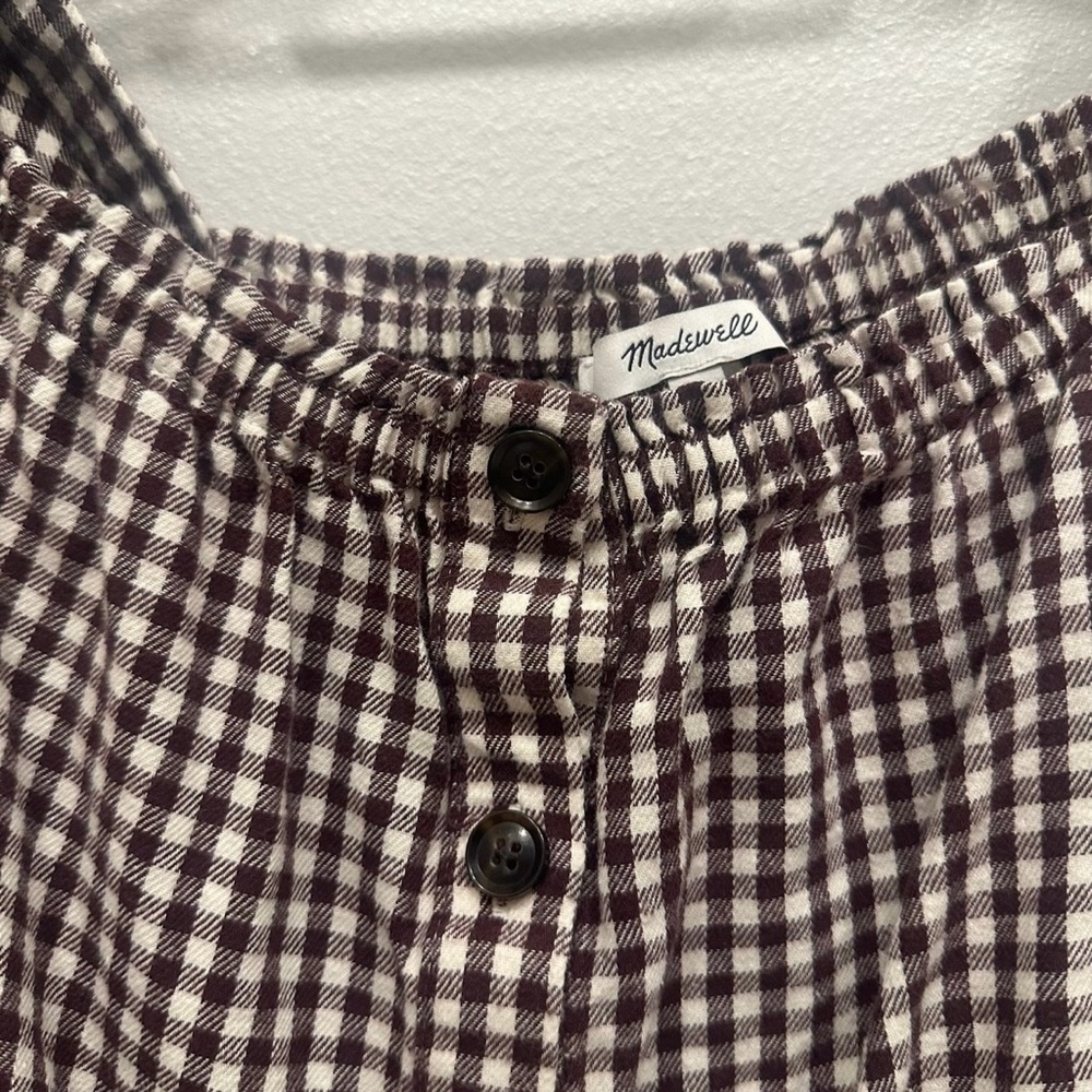 Madewell Brown and White Gingham Button-Front Peasant Blouse - Picture 2 of 6